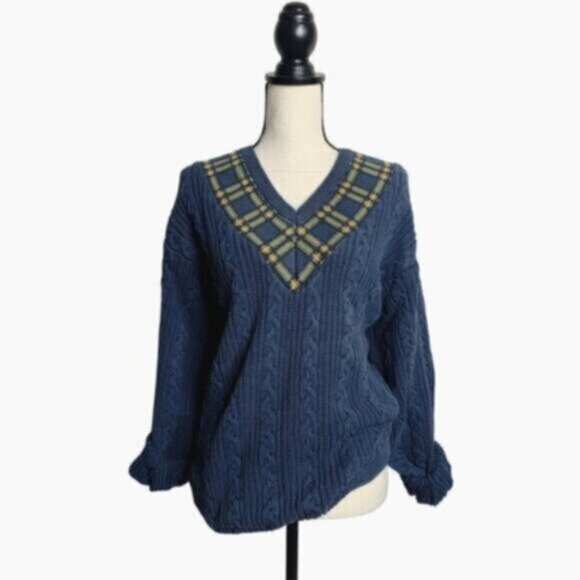 Dockers Vintage Navy Blue Cable Knit Plaid V-Neck Accent Oversized Sweater - Picture 4 of 15